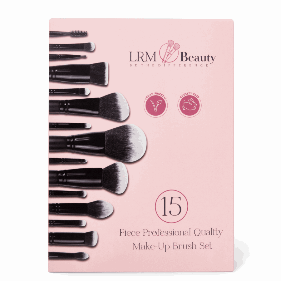 Pink LRM Beauty makeup brush set box on a white background. The box displays an image of the 15 included brushes, the LRM Beauty logo on top, and icons highlighting the set’s cruelty-free and vegan-friendly features.