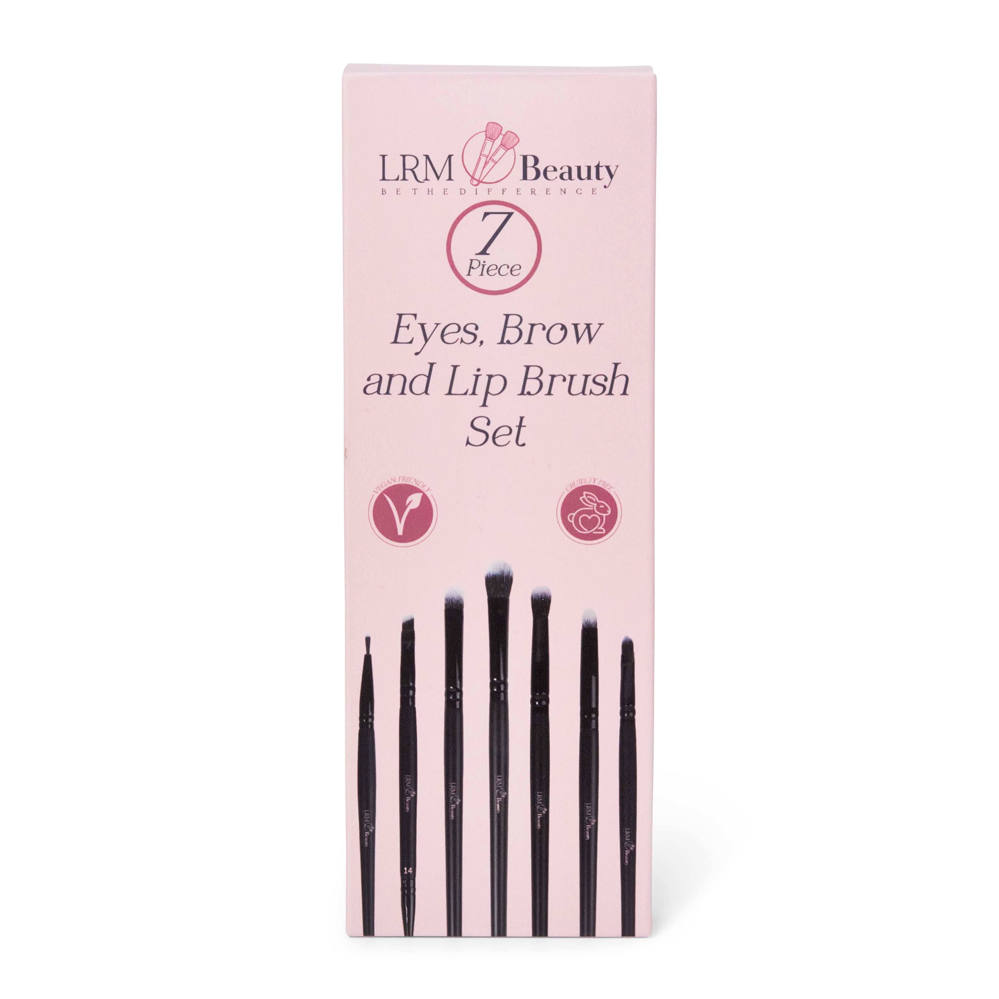 Pink LRM Beauty makeup brush set box on a white background. The box displays an image of the 7 included brushes, the LRM Beauty logo on top, and icons highlighting the set’s cruelty-free and vegan-friendly features.
