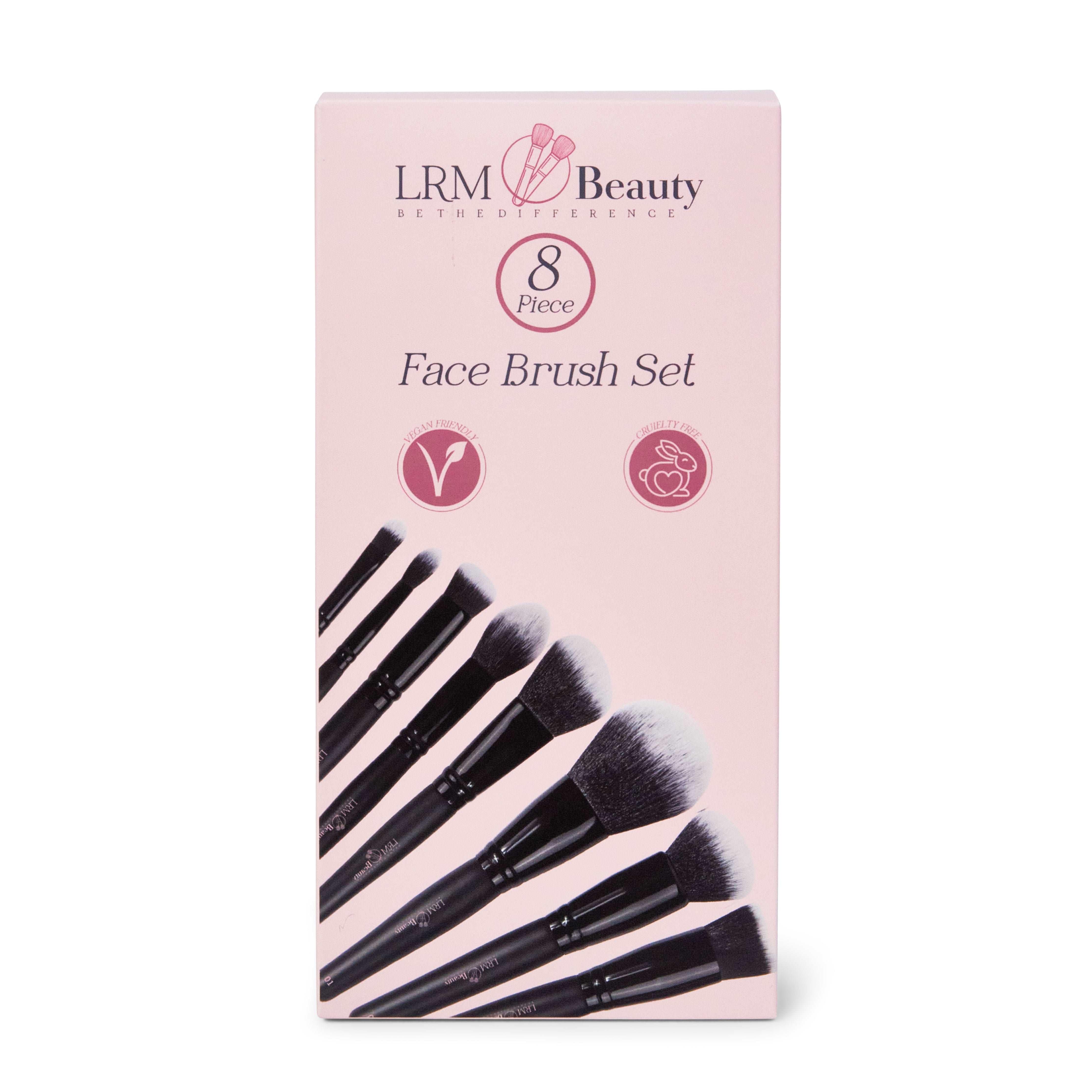 Pink LRM Beauty makeup brush set box on a white background. The box displays an image of the 8 included brushes, the LRM Beauty logo on top, and icons highlighting the set’s cruelty-free and vegan-friendly features.
