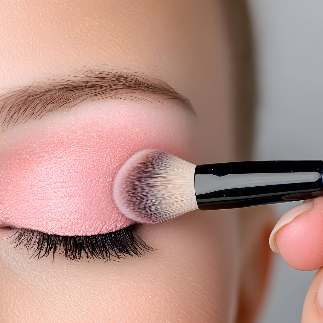 Person applying pink blush to their cheek with a makeup brush.