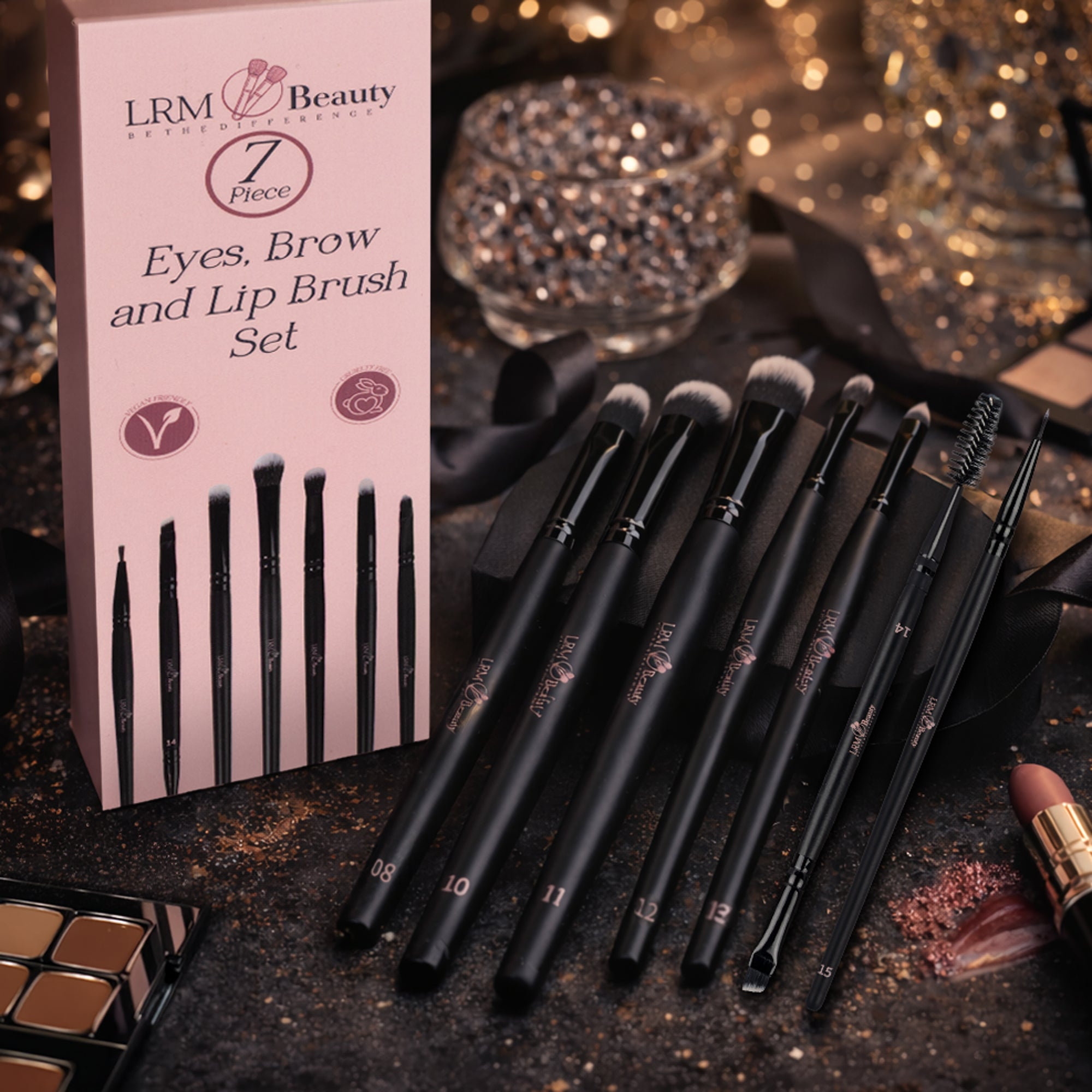 7-piece professional eye, brow and lip makeup brush set displayed with packaging on a styled background