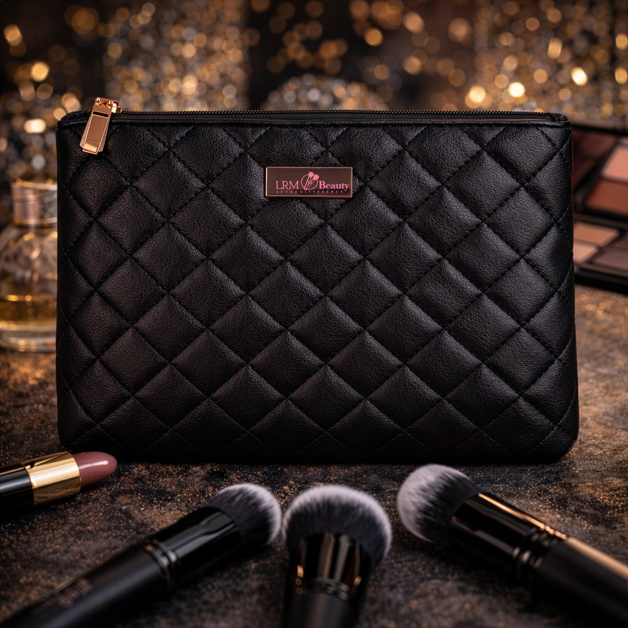 Black quilted premium makeup brush bag with logo, displayed with makeup brushes in the foreground