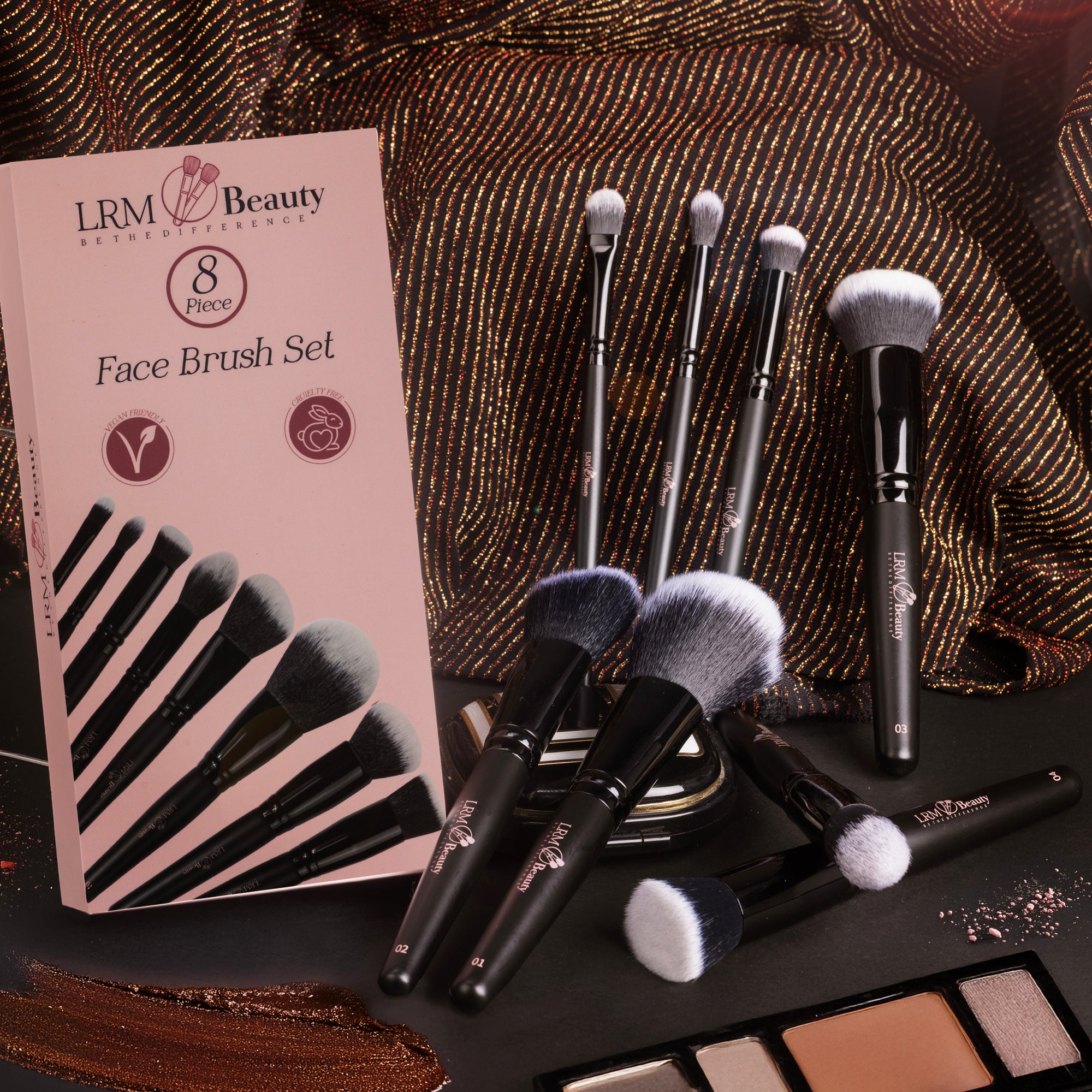 8-piece face makeup brush set displayed with packaging on a styled background