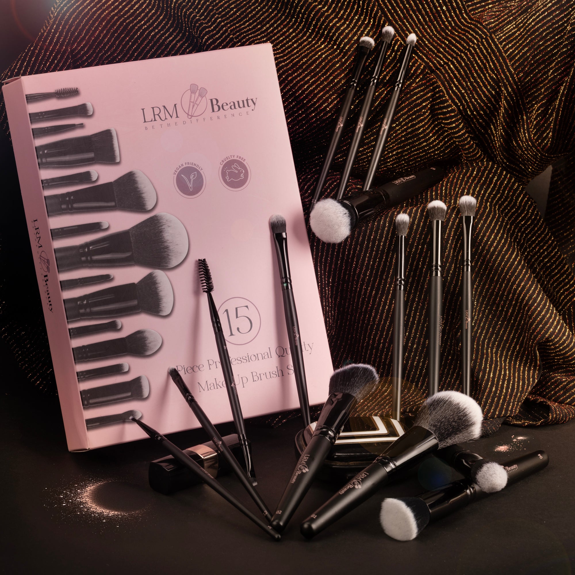 15-piece professional makeup brush set displayed with packaging on a styled background