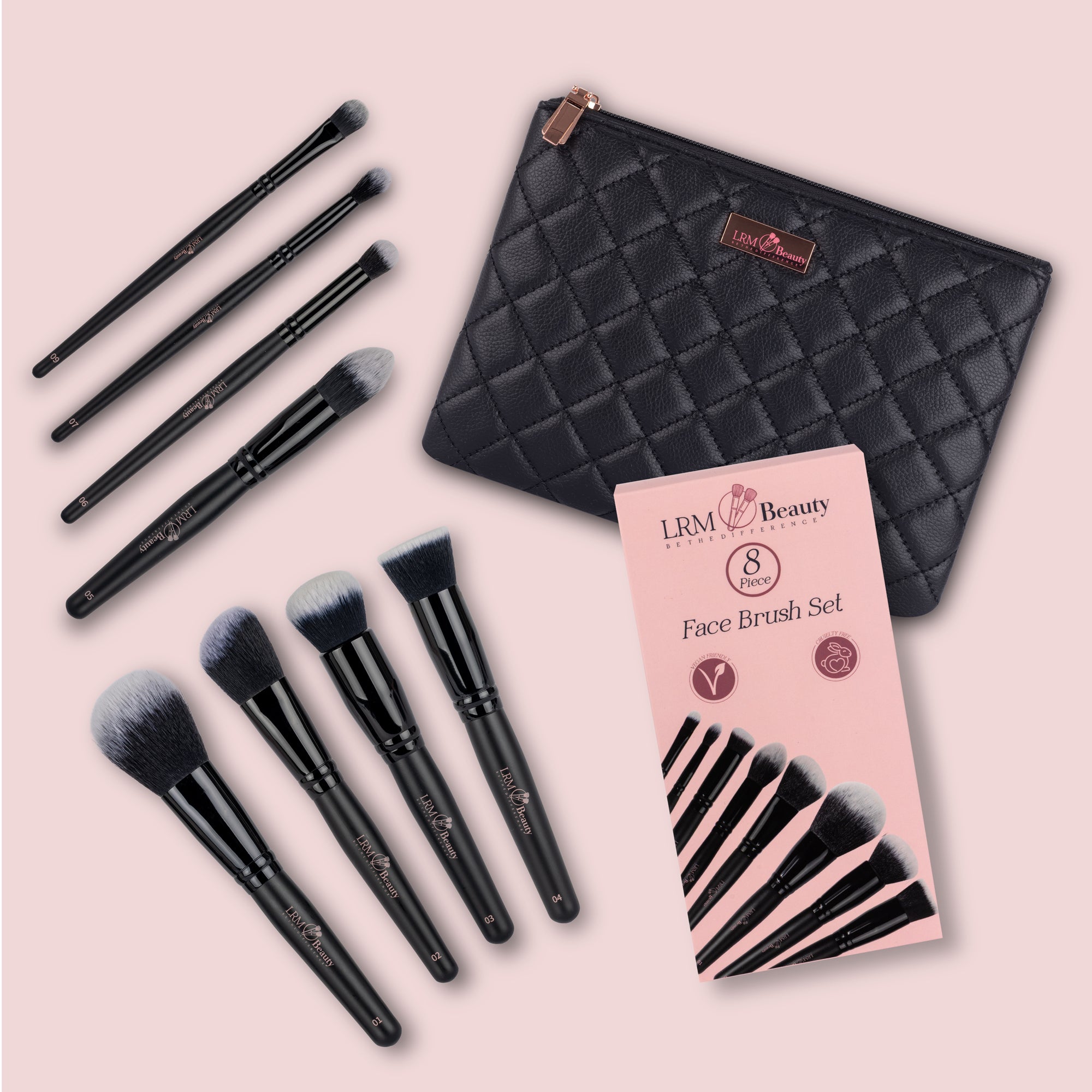 8-piece face makeup brush set with a premium makeup bag and packaging on a pink background