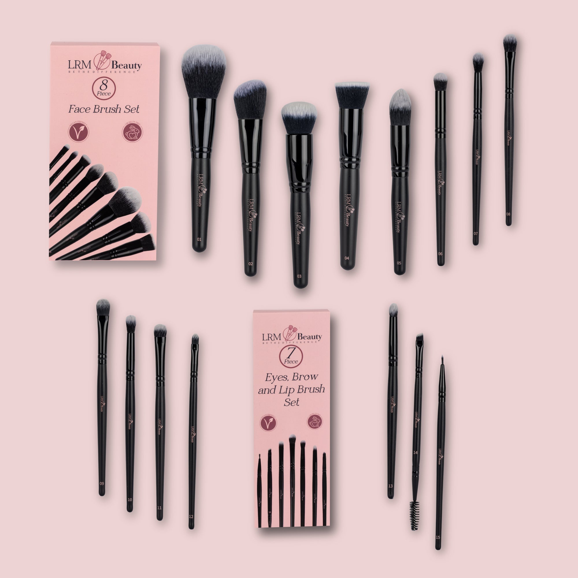 15-piece face and eye makeup brush set displayed with its box on a pink background