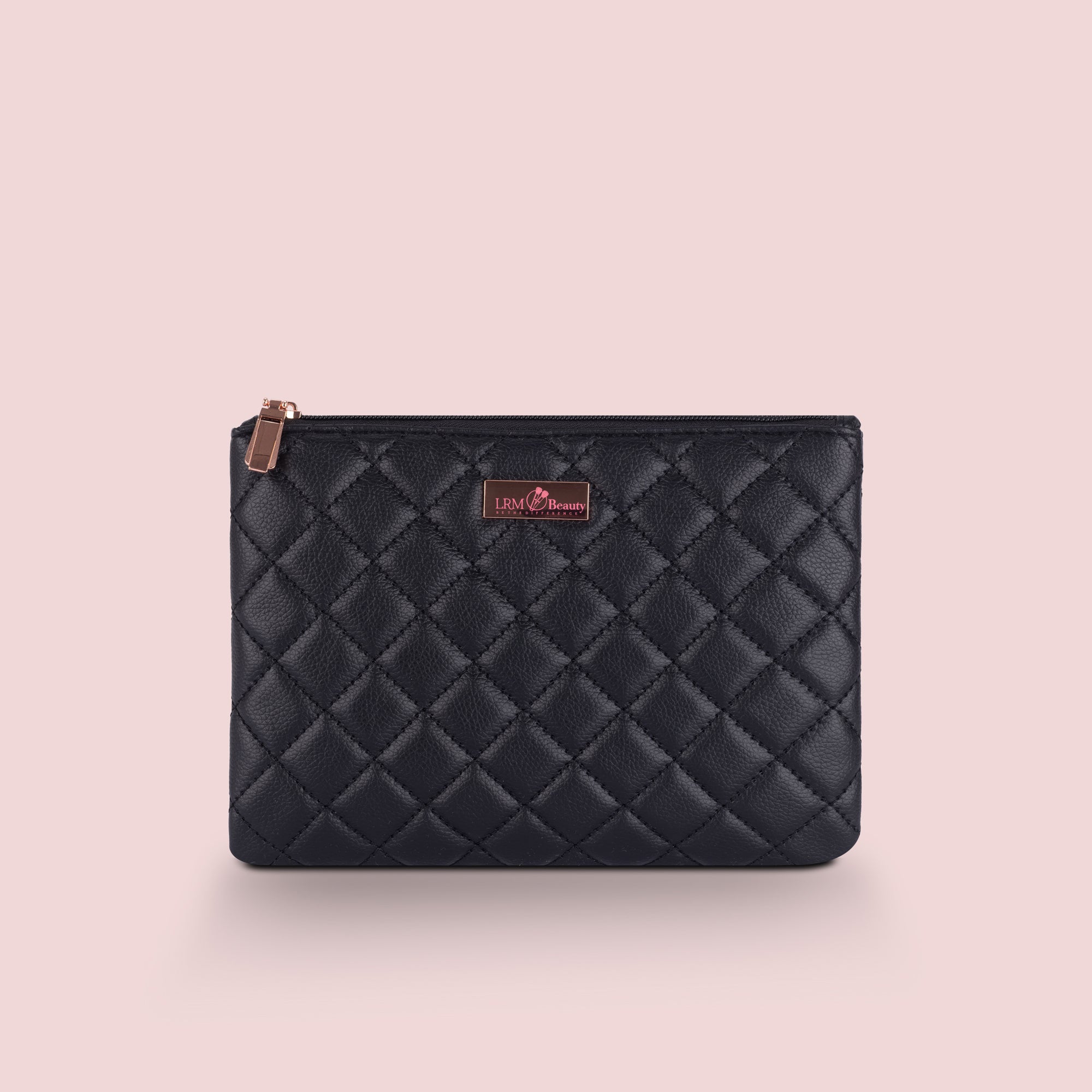 Premium makeup brush bag with logo on a pink background